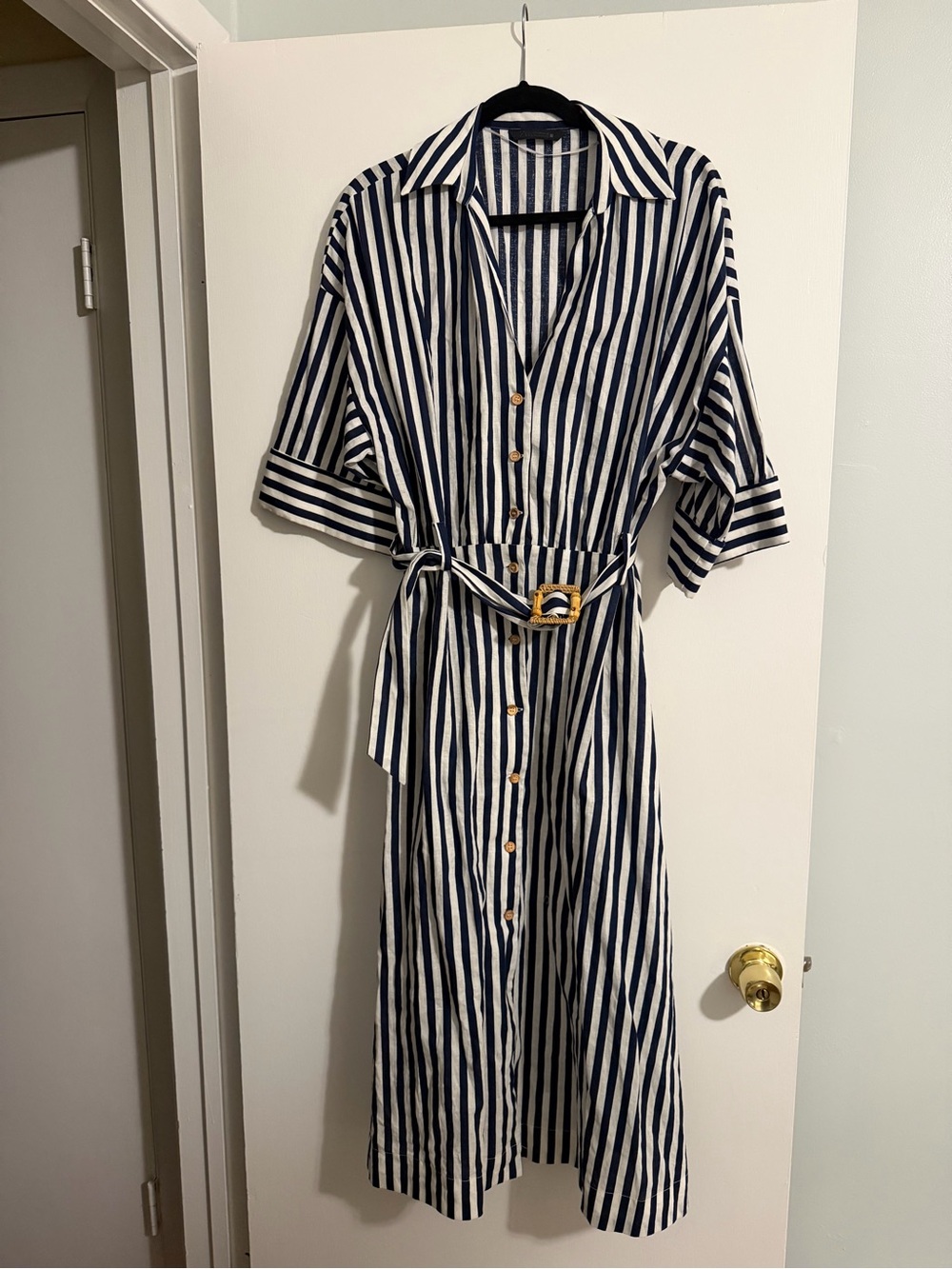 Zara white and blue striped linen long dress
